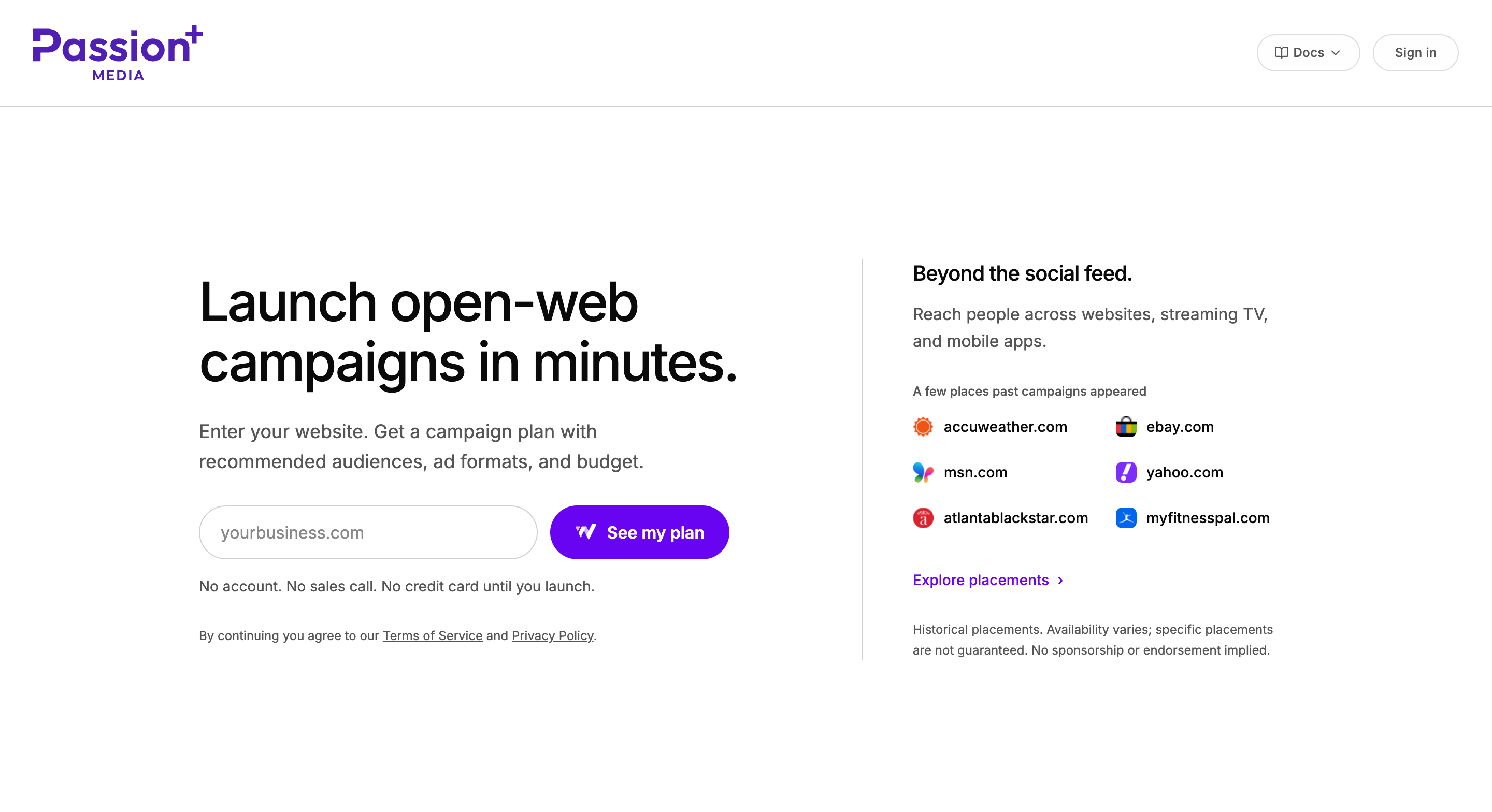 Campaign Wizard entry screen with a website field and See my plan button